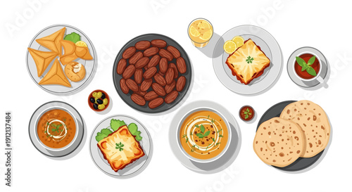 Assorted traditional dishes and snacks displayed on multiple plates and bowls