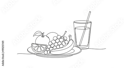 A simple line drawing of fresh fruits and a glass of juice on a table viewed from the side