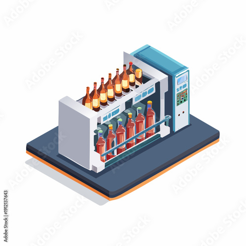 Isometric illustration of a vending machine dispensing various beverages.