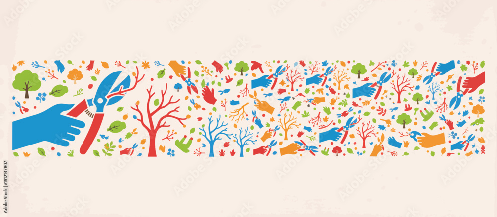 Fototapeta premium Hands pruning branches with garden shears surrounded by colorful leaves and trees - Concept of Noah's Ark