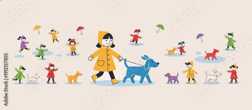 Girl walking dog wearing raincoat in colorful park with umbrellas  
