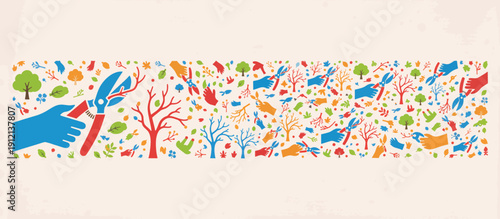 Hands pruning branches with garden shears surrounded by colorful leaves and trees - Concept of Noah's Ark  