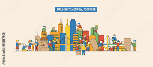 People collaborating on building cardboard model of city skyline  