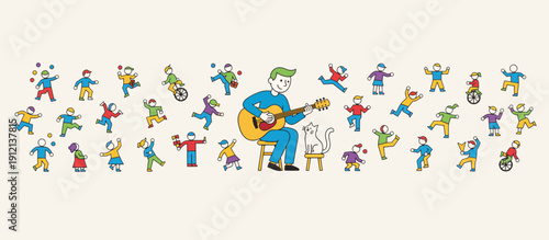 Man playing guitar while surrounded by children and a cat - Concept of Noah's Ark  