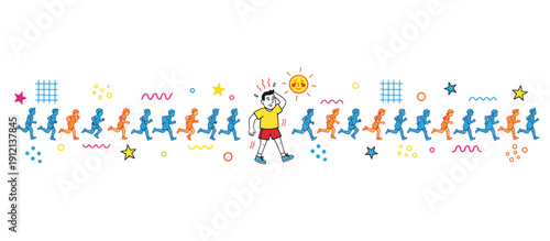 Man jogging and wiping sweat under the sun, concept of Noah's Ark  