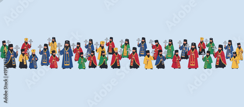 Colorful illustration of diverse religious figures representing Noah's Ark  