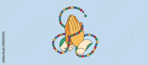 Praying hands surrounded by colorful rosary beads on blue background  