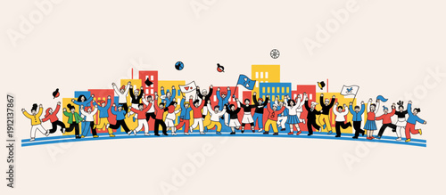 Diverse group of people celebrating during a sports event in a city  