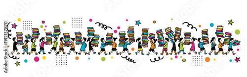 Colorful cartoon students carrying stacked books in a parade concept of Noah's Ark  