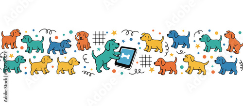 Colorful illustrated dogs interacting with a tablet device  