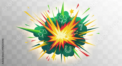 Vibrant lucky four leaf clover explosion with shamrocks horseshoe and stars on transparent background
