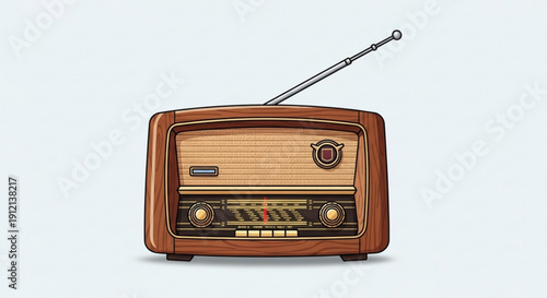 Vintage wooden radio with antenna and dials on a plain background nostalgic communication device