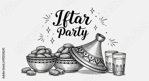 Celebrating Iftar with traditional dishes and drinks in a festive party atmosphere