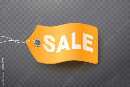 Realistic orange wavy sale tag with hanging string and metal eyelet, isolated on transparent background. Curved price label with bold SALE text. Ideal for discount promotions, marketing, banners