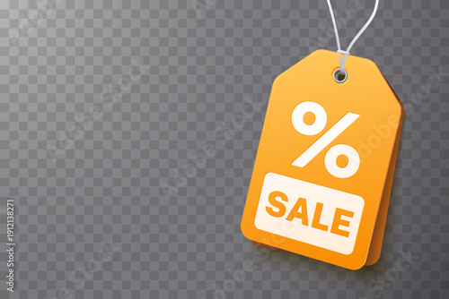 Realistic orange hanging sale price tag with percent symbol and SALE text, isolated on transparent background. Ideal for discount promotions, shopping banners, retail advertising and seasonal offers.