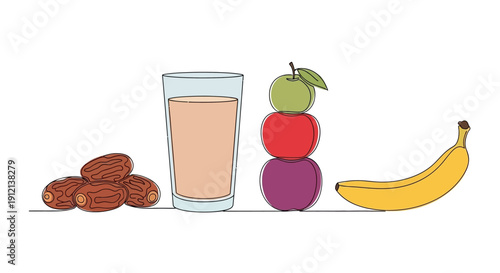 A glass of milk with almonds and fruits including apple, plum, and banana on a clean white surface from a straightforward viewpoint