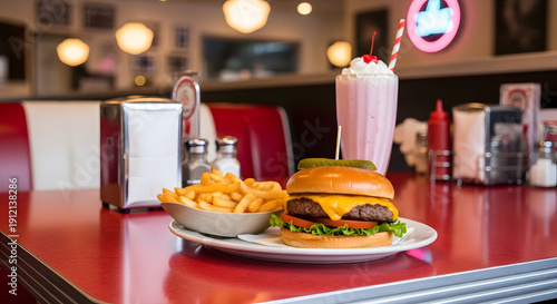 A classic American diner burger meal with fries and milkshake on a red table viewed from the side