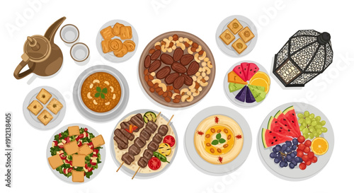 Assorted delicious dishes and desserts beautifully arranged on multiple plates and bowls from an overhead viewpoint.