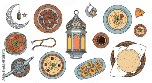 Traditional Ramadan dishes and decorations arranged together showcasing cultural heritage and festive atmosphere viewed from directly above