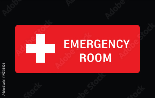 Red rectangular sign with a white medical cross and 'EMERGENCY ROOM' text on a black background, indicating a hospital entrance or department.