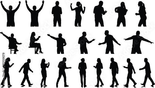 Expressive People Silhouettes Set with Gestures, Dancing, Sitting and Walking Poses Collection