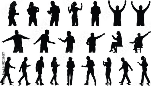 Expressive People Silhouettes Collection with Applause, Presentation, Conversation and Walking Gestures Set