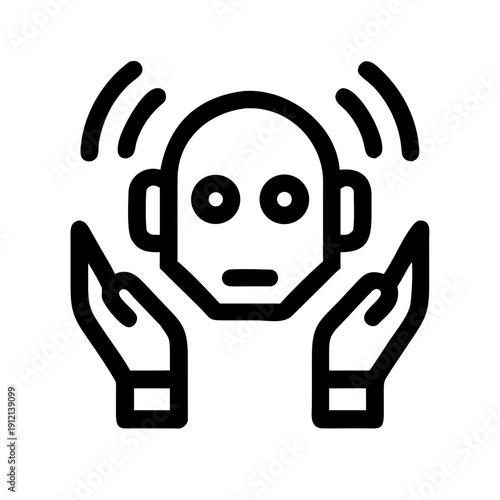 Robot with headset and questioning hands, music, energy, 3d, logo, design, bulb, symbol