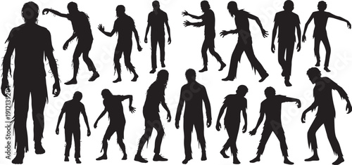 Zombie silhouettes in various standing and walking poses. Halloween designs, horror themes, or spooky decorations. vector illustration