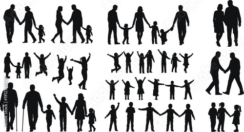 Happy Family Silhouettes Collection, Parents and Children Holding Hands Vector Set