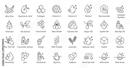 Skincare Ingredients Line Icons Set, Natural and Active Cosmetic Ingredient Symbols. Aloe vera, retinol, ceramides, collagen, zinc oxide.