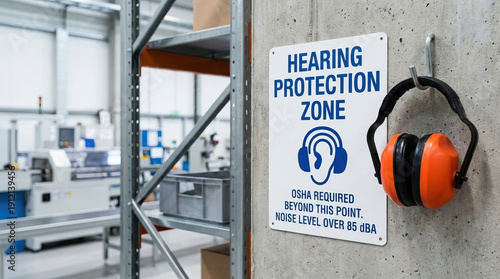 Wallpaper Mural Hearing protection zone sign with earmuffs hanging on concrete wall in industrial factory environment emphasizing safety and noise control for workers in loud areas Torontodigital.ca