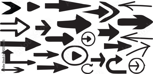 Collection of various black arrows on white background