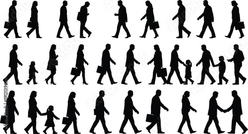 Walking People Silhouettes Collection, Business Professionals and Families Vector Set