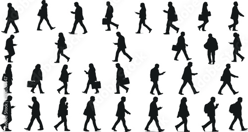 Walking People Silhouettes Collection with Smartphones, Bags and Casual Urban Street Movement Poses