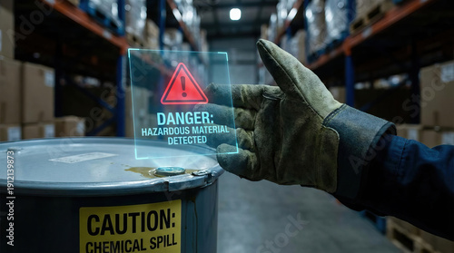 Hazardous material chemical spill safety warning industrial glove warehouse metal drum danger sign protective equipment toxic substance spill hazard safety alert industrial safety chemical