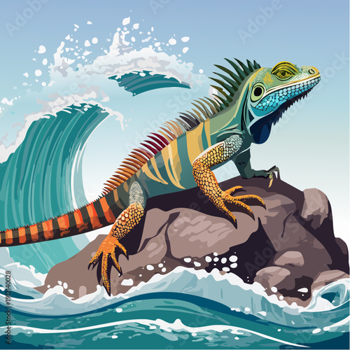 Vibrant Tropical Iguana Perched Majestically on a Rugged Ocean Rock with Dynamic Crashing Waves, Illustrative Wildlife Scene