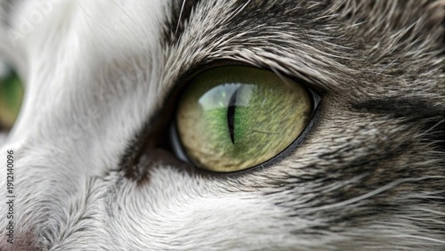 Striking green eyes, slightly closed, with vertically narrow pupils.