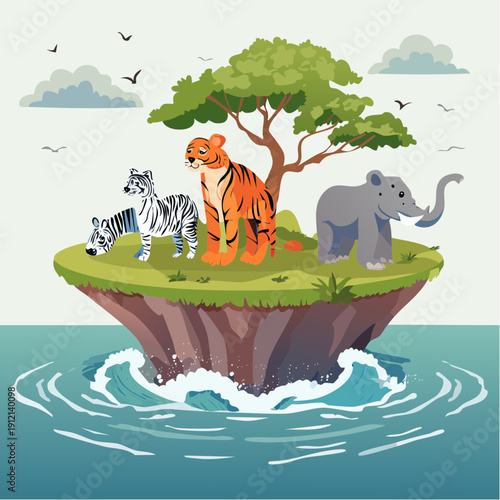 Diverse wild animals find refuge on a serene floating island amidst tranquil waters and green foliage