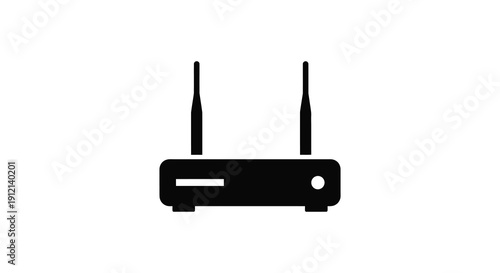 A simple black silhouette depicts a wireless router with two antennas representing home or office network connectivity high quality