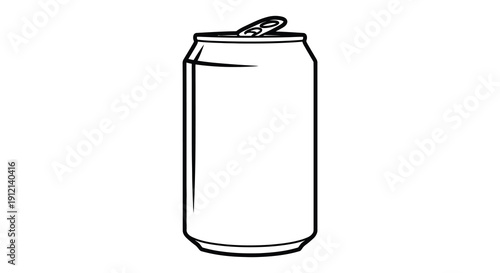 A simple black and white line drawing depicts a standard aluminum beverage can with its pull tab open high quality professional