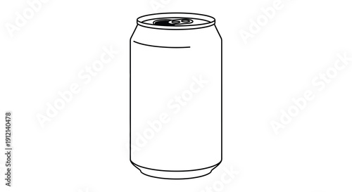 A simple black and white line drawing depicts a standard aluminum beverage can standing upright on a plain background high quality