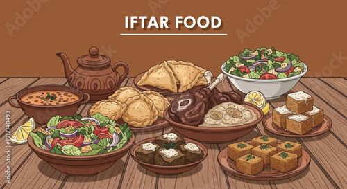 Variety of traditional iftar dishes spread on a wooden table, including salads, bread, and desserts, from a top-down view