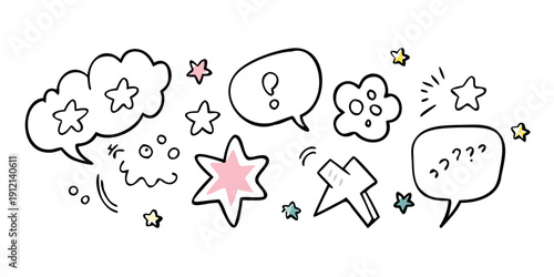 A whimsical illustration of various speech bubbles and thought clouds with stars. Vector