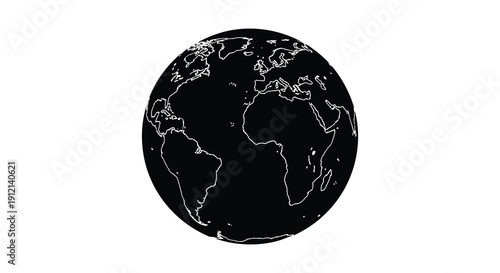 A stark black and white illustration depicts earth showcasing continental outlines and surrounding dark oceans high quality professional detailed modern elegant