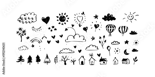 Assorted black and white doodle icons featuring various symbols and objects Vector
