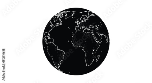 A minimalist depiction of planet earth is shown as a black sphere with white continental outlines high quality professional