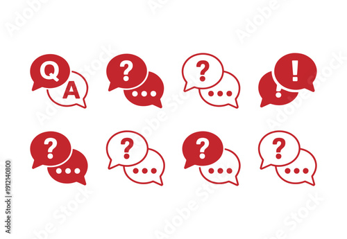 Question and answer icon set. Chat, speak bubble, Q and A, ask, support, dialog, help center symbol on white background - stock vector.