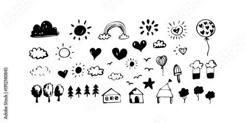 A diverse collection of black and white icons representing various objects and concepts Vector