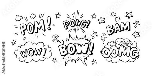 A variety of speech bubbles and sound effects in a black and white sketch style Vector