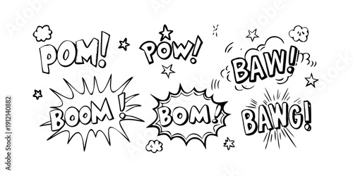 A dynamic illustration of comic book sound effects in bold, black and white fonts. Vector